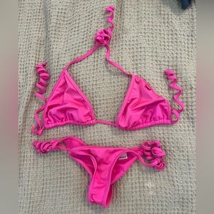 Hot Pink Neon Bikini Scrunch Thong Tie Swimsuit